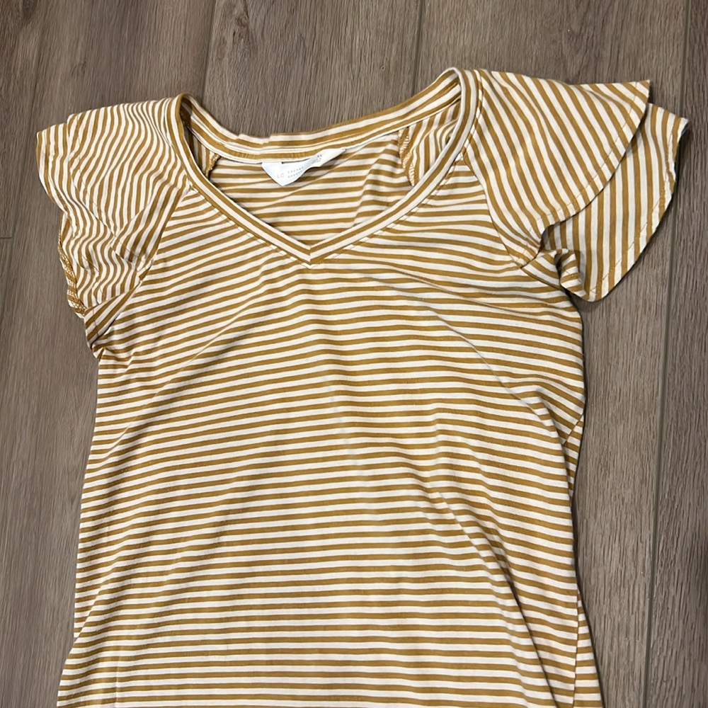 Lauren Conrad XS T-shirt Ruffle Short Sleeves Gold/Cream Striped - Picture 6 of 9